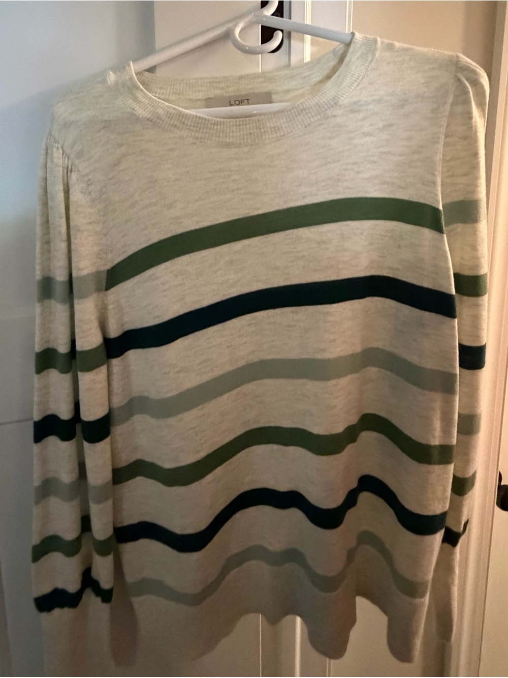 LOFT Cream Long Sleeve Sweater with Green and Navy Stripes